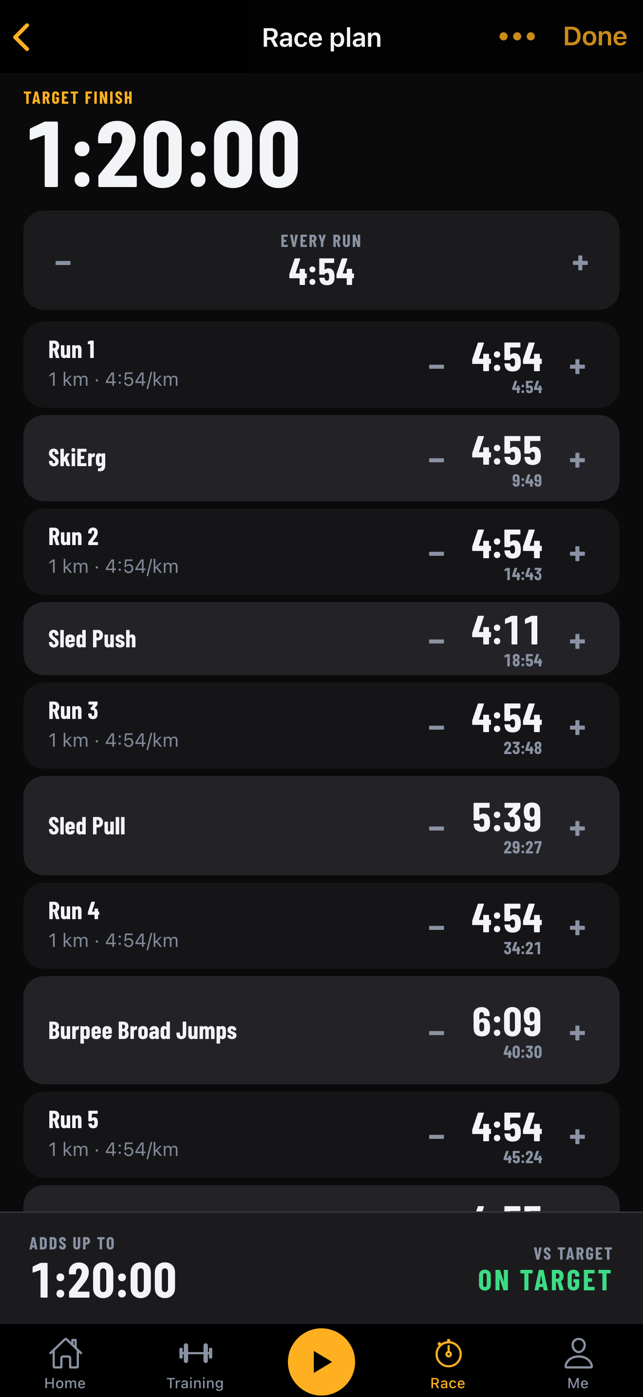 The race plan screen: a target finish of 1:20:00 split across sixteen segments, with a running total that says ON TARGET.