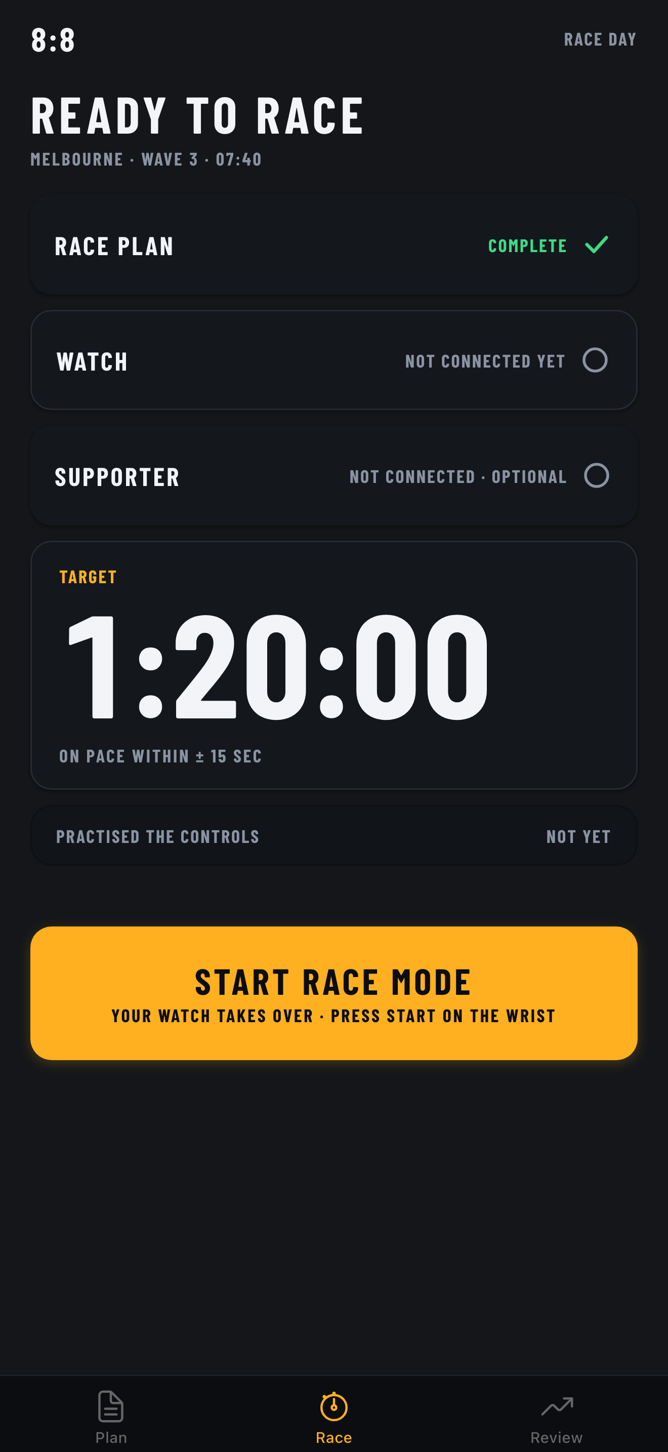 Race day: three checks — race plan complete, watch, supporter — above the target time and a START RACE MODE button.